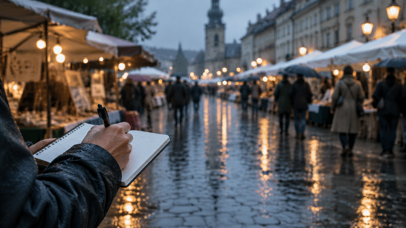 Mokrá ulica malého mesta počas podujatia, v popredí ruka so zápisníkom